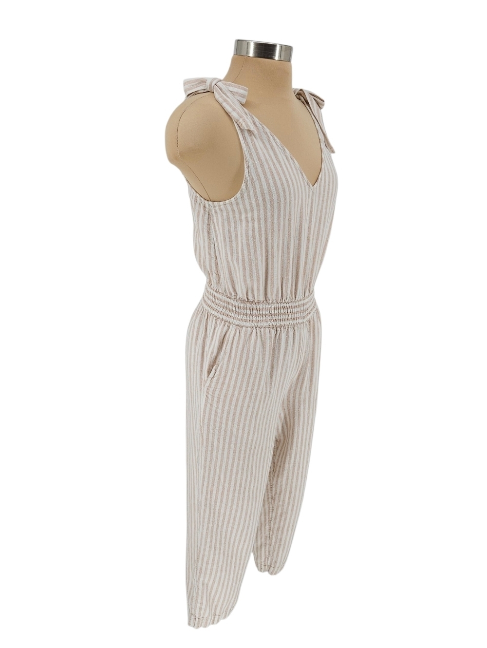 A New Day Cropped Jumpsuit Linen Beige Stripe Tie Straps V Neck Pants Romper XS - Picture 2 of 7